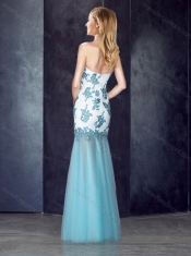 Beautiful Column Applique Aqua Blue Prom Dress in Tulle