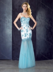 Beautiful Column Applique Aqua Blue Prom Dress in Tulle