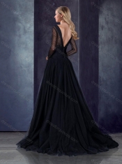 Beautiful Deep V Neckline See Through Black Prom Dress with Brush Train