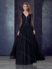 Beautiful Deep V Neckline See Through Black Prom Dress with Brush Train