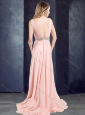 Cheap Chiffon Belted with Beading Prom Dress with Deep V Neckline