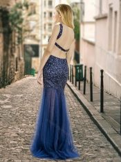 Column Square Beaded Backless Navy Blue Prom Dress in Tulle