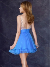 Hot Sale Backless Chiffon Baby Blue Short Prom Dress with Sequins
