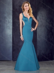 Mermaid Straps Teal Satin Prom Dress with See Through Back