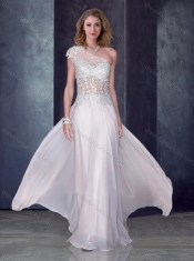 One Shoulder Applique Baby Pink Prom Dress with See Through Back