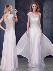 One Shoulder Applique Baby Pink Prom Dress with See Through Back