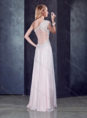 One Shoulder Applique Baby Pink Prom Dress with See Through Back