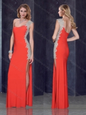 One Shoulder Red Prom Dress with Beading and Appliques