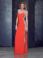 One Shoulder Red Prom Dress with Beading and Appliques