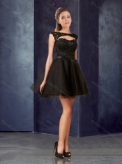 Pretty Open Back Bateau Black Prom Dress with Lace and Belt