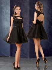 Pretty Open Back Bateau Black Prom Dress with Lace and Belt
