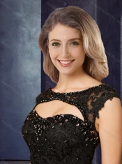 Pretty Open Back Bateau Black Prom Dress with Lace and Belt