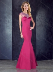 See Through Back Satin Beaded Prom Dress in Hot Pink