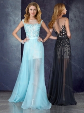 Short Inside Long Outside Bateau Light Blue Prom Dress with Appliques