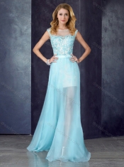 Short Inside Long Outside Bateau Light Blue Prom Dress with Appliques
