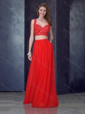 Two Piece Column Straps Red Prom Dress with Appliques Two Piece Column Straps Red Prom Dress with Appliques