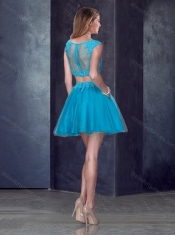 Two Piece Short Bateau Teal Prom Dress with Appliques