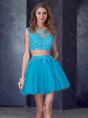 Two Piece Short Bateau Teal Prom Dress with Appliques