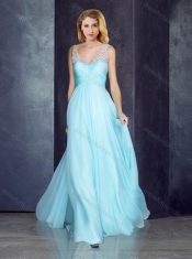 V Neck Applique Light Blue Prom Dress with See Through Back