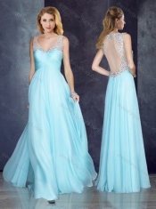 V Neck Applique Light Blue Prom Dress with See Through Back