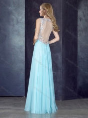 V Neck Applique Light Blue Prom Dress with See Through Back