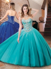 Lovely Big Puffy Tulle Aqua Blue Sweet 16 Dress with Beading