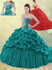 Luxurious Brush Train Taffeta Bubble Sweet 16 Dress in Turquoise