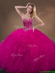 Pretty Fuchsia Sweet 16 Gowns with Beading and Ruffles