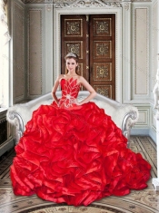 Beaded and Ruffled Red Sweet 16 Dress with Brush Train