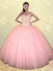 Big Puffy Beaded Baby Pink Quinceanera Dress in Tulle