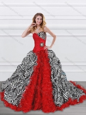 Cheap Latest Beaded and Ruffled Red and Zebra Quinceanera Dress with Brush Train