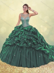 Cheap Lovely See Through Beaded and Bubble Quinceanera Dress in Dark Green