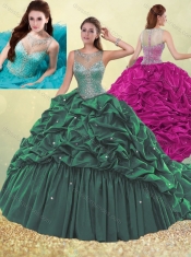 Cheap Lovely See Through Beaded and Bubble Quinceanera Dress in Dark Green