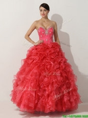 Cheap Promotional Princess Red Quinceanera Gown with Beading and Ruffles