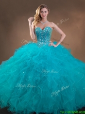 Classical Big Puffy Teal Sweet 16 Gown with Beading and Ruffles