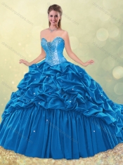 Classical Elegant Puffy Skirt Beaded Teal Quinceanera Dress with Brush Train