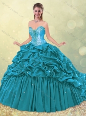 Classical Elegant Puffy Skirt Beaded Teal Quinceanera Dress with Brush Train