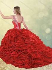 Classical Elegant Puffy Skirt Beaded Teal Quinceanera Dress with Brush Train