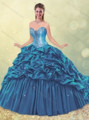 Classical Elegant Puffy Skirt Beaded Teal Quinceanera Dress with Brush Train