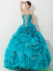 Classical Princess Teal Sweet 16 Dress with Beading and Rolling Flowers