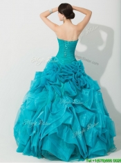 Classical Princess Teal Sweet 16 Dress with Beading and Rolling Flowers