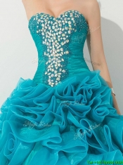 Classical Princess Teal Sweet 16 Dress with Beading and Rolling Flowers