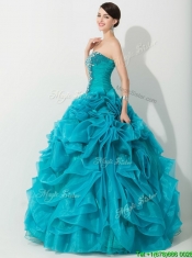Classical Princess Teal Sweet 16 Dress with Beading and Rolling Flowers