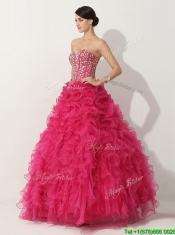 Classical Visible Boning Hot Pink Quinceanera Gown with Beading and Ruffles