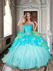 Discount Beautiful Ball Gown Aqua Blue Sweet 16 Dress with Beading and Ruffles
