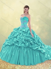 Discount Exquisite Brush Train Taffeta Quinceanera Dress in Aqua Blue