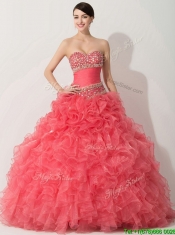 Discount Princess Coral Red Sweet 16 Dress with Beading and Ruffles
