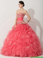 Discount Princess Coral Red Sweet 16 Dress with Beading and Ruffles