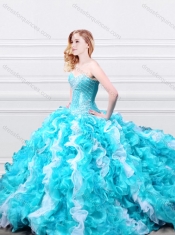 Modern Beadede and Ruffled 15th Birthday Gown in Aqua Blue and White