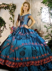 Off the Shoulder Teal Quinceanera Gown with Beading and Appliques